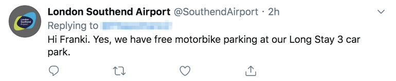 Southend Airport offer Free motorbike parking