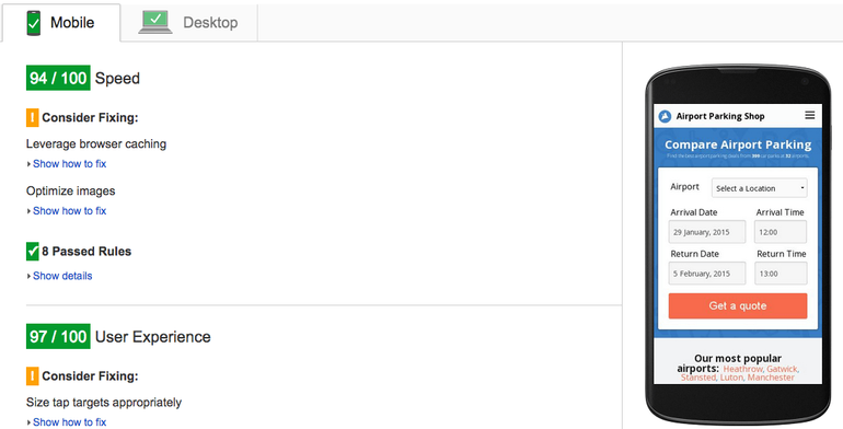 PageSpeed score mobile screenshot