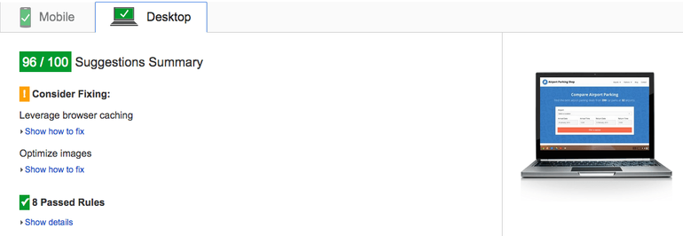 PageSpeed score desktop screenshot
