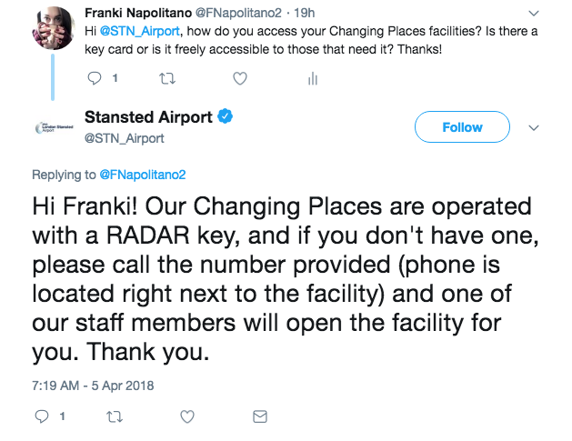 Stansted Airport do have Changing Places facilities, & they can be accessed with a RADAR key 