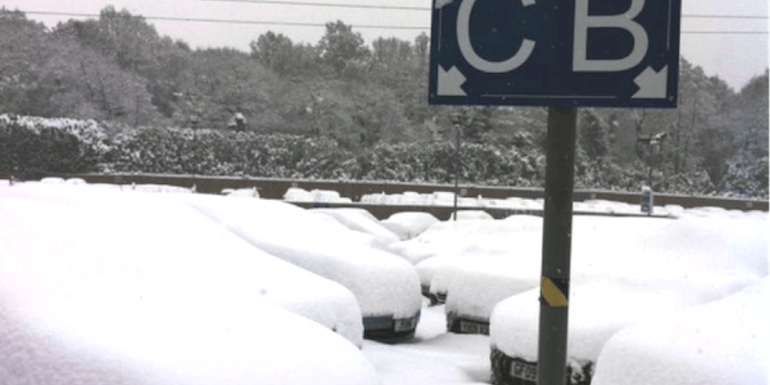 snowy car park