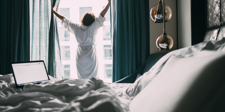 a woman in a hotel room